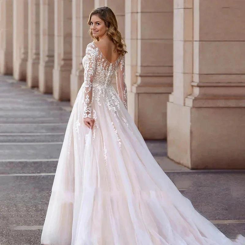 Sexy Lace Simple Elegant Mopping Wedding Dresses V-neck Long Sleeves Plain White Pretty Fascinating Bridal Gowns Backless 2023 by payinti