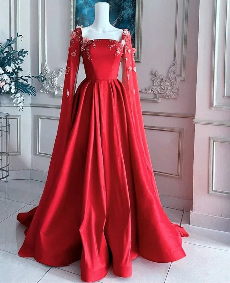 Gorgeous Red Satin Appliques Prom Dress,Formal A Line Party Evening Dress With Cape Y7593 by simplepromdress