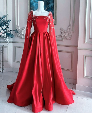 Hermoso vestido de fiesta con apliques de satén rojo, vestido formal de noche de corte A con capa Y7593