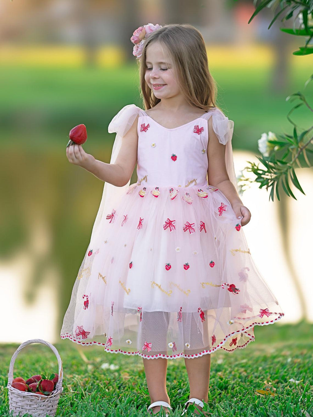 Tulle Knee-length Strawberry Embroidery Flower Girl Dress - photo 4