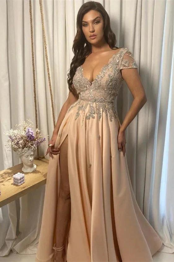 Split Front A-line Off-the-Shoulder Lace V-Neck Applique Prom Dress by BIZTUNNEL