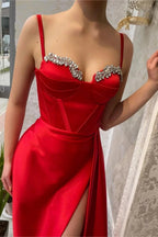 Red Long Mermaid Spaghetti Strap Satin Prom Dresses with High Slit by BIZTUNNEL