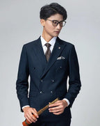 Double breasted suit men's suit British grey striped business casual suit men's formal suit slim fit groom's wedding dress by 男装