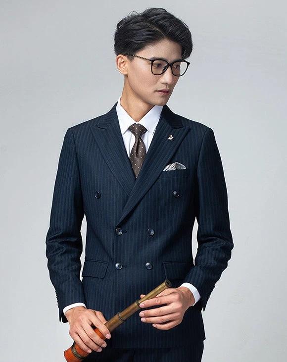 Double breasted suit men's suit British grey striped business casual suit men's formal suit slim fit groom's wedding dress by 男装