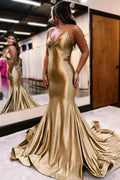 Elegant Long Mermaid V-neck Backless Formal Prom Dresses by BIZTUNNEL