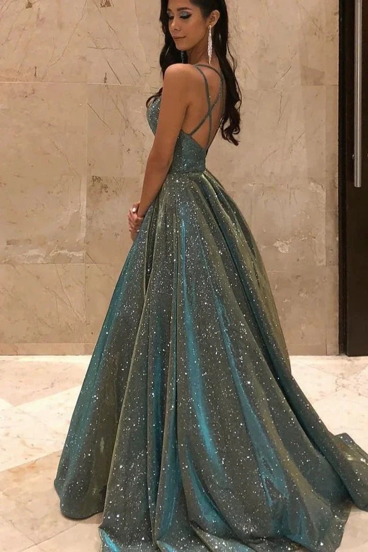 Shimmering Long A-line Spaghetti Straps Sleeveless V-Neck Sequins Prom Dress by BIZTUNNEL