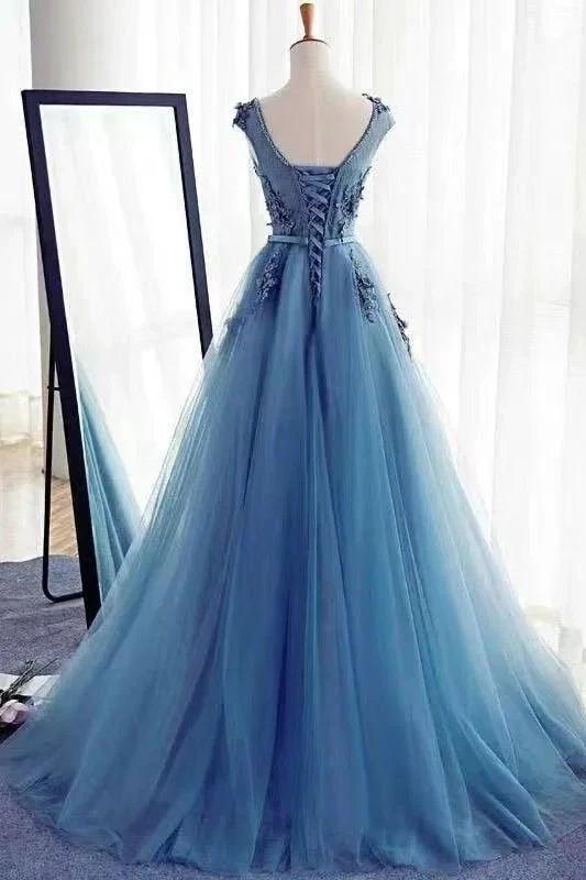 Stunning Long A-line Jewel Sleeveless Lace Tulle Prom Dress by BIZTUNNEL