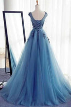 Stunning Long A-line Jewel Sleeveless Lace Tulle Prom Dress by BIZTUNNEL