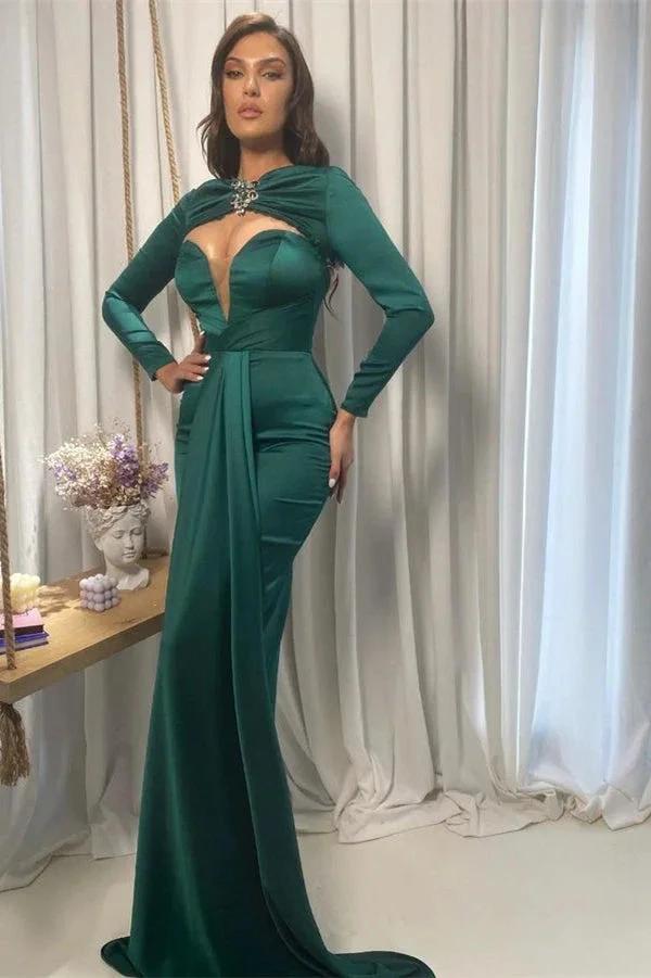 V Neck Prom Dress in Emerald Green with Long Sleeves by BIZTUNNEL