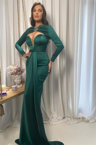 Ballkleid mit V-Ausschnitt in Smaragdgrün und langen Ärmeln