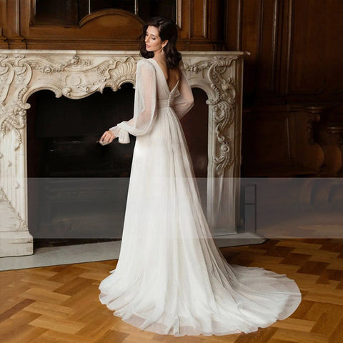 Elegant Glitter Tulle Deep V-Neck Wedding Dresses Princess Shiny Lantern Sleeves Backless A-Line Pleated Bridal Gowns