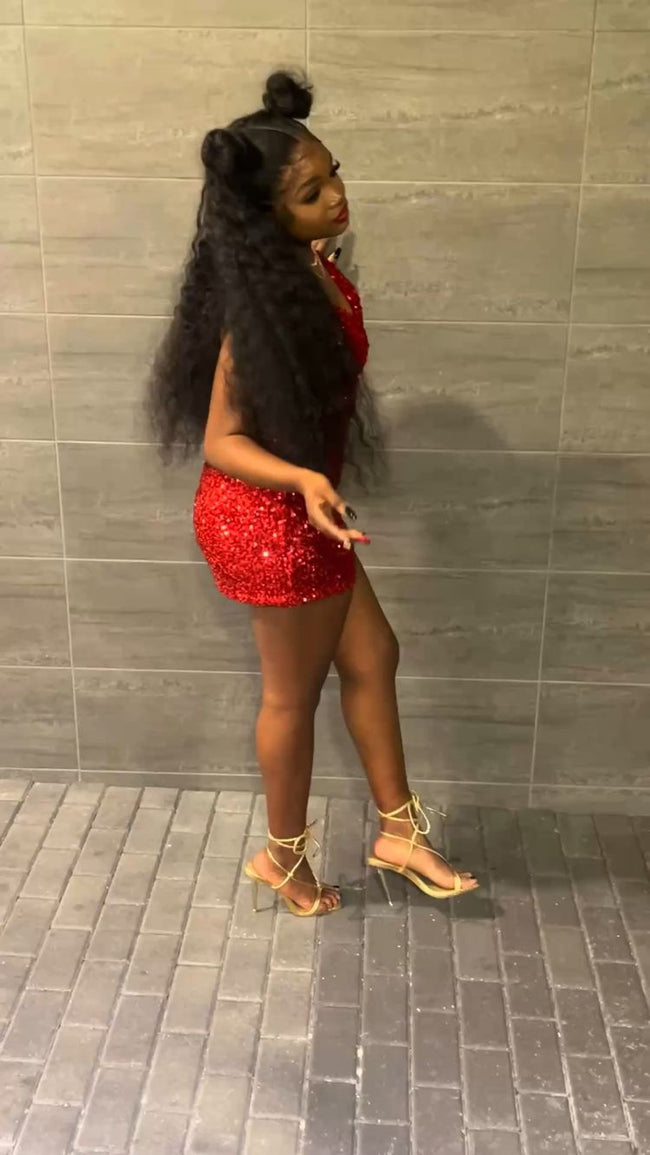 18th Birthday Outfit Red Sequins V Neck Homecoming Dress For Black Girls Y324 Main Image