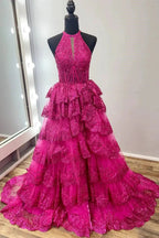 Seraphine | High Neck Sleeveless Empire Lace Tiered Long Formal Dress by KissProm