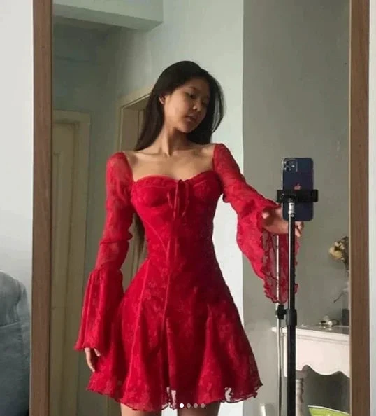 Sexy Red Lace Trumpet Sleeves Homecoming Dress Party Dress Y7655 by simplepromdress