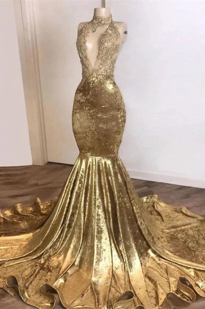 Glossy Glod Hater Sleeveless Mermaid Long Prom Dress With Lace Appliques by BIZTUNNEL