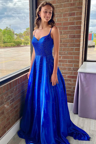 Athena | Vestido de fiesta largo azul rey con tirantes finos, corte A y cuentas