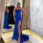 Strapless Royal Blue Mermaid Satin Long Prom Dress with Front Split by BIZTUNNEL