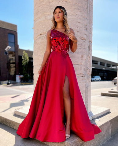 Magnolia | Vestido de fiesta largo con lentejuelas, corte A, un hombro y abertura