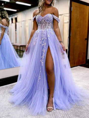 Meadow |A Line Off the Shoulder Lace Tulle Prom Dress With Slit