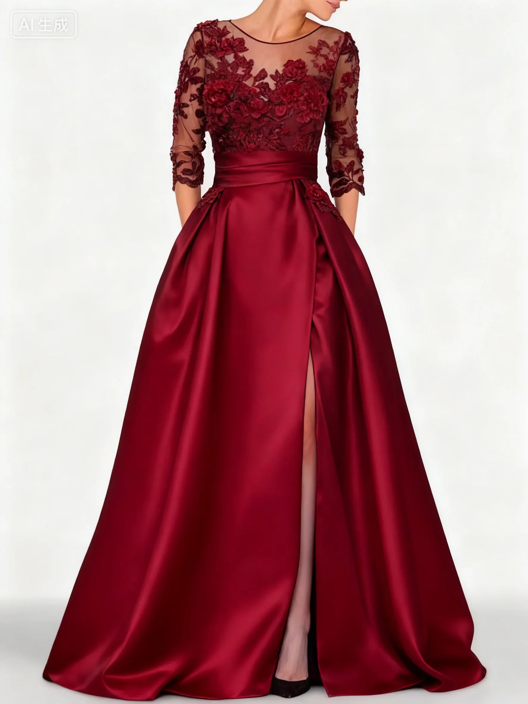 Elegant black satin embroidered formal dress