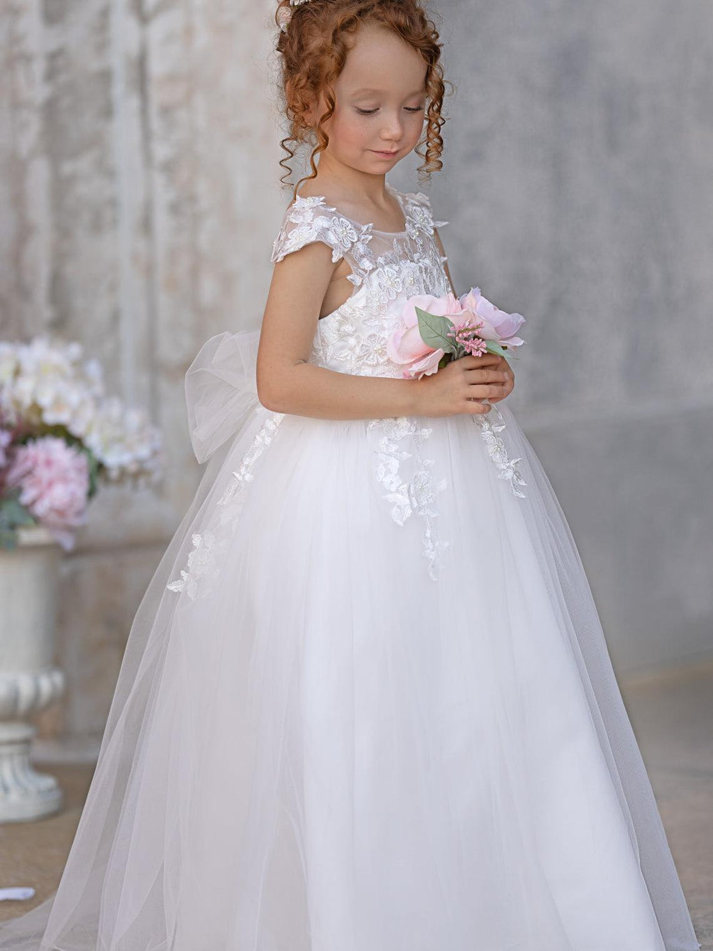 Ivory Princess Gown with Lace Appliques and Tulle Bow | Short Sleeve Ankle-Le… - photo 5
