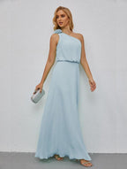 Ruffled One Shoulder Sleeveless Long Bridesmaid Dresses A-line Formal Evening Gown Side Split 28080 by numbersea