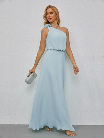 Ruffled One Shoulder Sleeveless Long Bridesmaid Dresses A-line Formal Evening Gown Side Split 28080