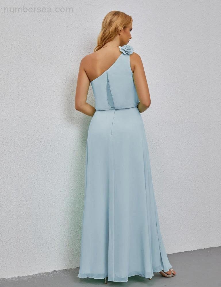 Ruffled One Shoulder Sleeveless Long Bridesmaid Dresses A-line Formal Evening Gown Side Split 28080 by numbersea