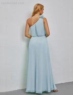Ruffled One Shoulder Sleeveless Long Bridesmaid Dresses A-line Formal Evening Gown Side Split 28080 by numbersea