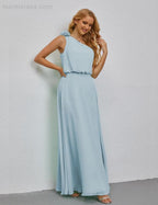 Ruffled One Shoulder Sleeveless Long Bridesmaid Dresses A-line Formal Evening Gown Side Split 28080 by numbersea