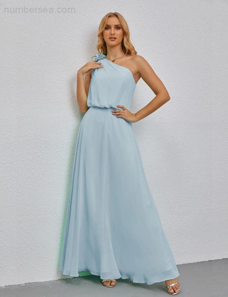 Ruffled One Shoulder Sleeveless Long Bridesmaid Dresses A-line Formal Evening Gown Side Split 28080 by numbersea