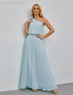 Ruffled One Shoulder Sleeveless Long Bridesmaid Dresses A-line Formal Evening Gown Side Split 28080 by numbersea