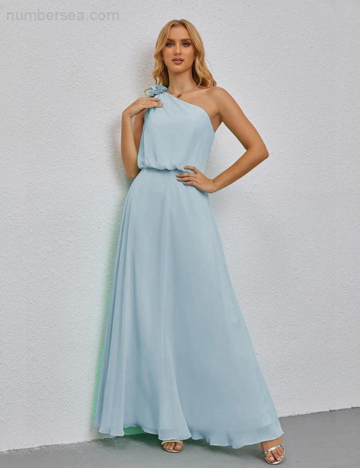 Ruffled One Shoulder Sleeveless Long Bridesmaid Dresses A-line Formal Evening Gown Side Split 28080 by numbersea