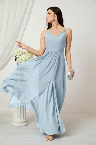 Numbersea Chiffon V-Neck Bridesmaid Dress Spaghetti Strap Long Formal Party Prom Gowns with Slit 28010