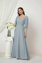 Numbersea Formal Prom Gown Women V-Neck Chiffon Bridesmaid Dresses Long Bishop Sleeve Party Dress 2807 by numbersea