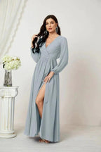 Sunnderly Evening Dresses Deep V-Neck Chiffon Bridesmaid Dresses Long Bishop Sleeve Side Split Formal Dress SY2806 by numbersea