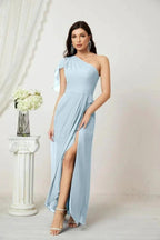 Numbersea Chiffon Ruffled One Shoulder Long Bridesmaid Dresses A-line Formal Evening Gown Side Split 2809 by numbersea