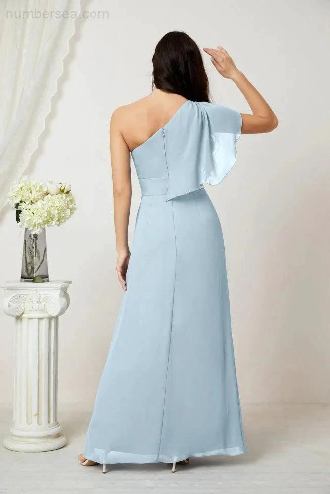 Numbersea Chiffon Ruffled One Shoulder Long Bridesmaid Dresses A-line Formal Evening Gown Side Split 2809 by numbersea