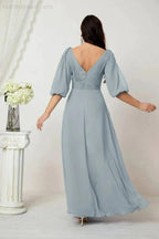 Numbersea Formal Prom Gown Women V-Neck Chiffon Bridesmaid Dresses Long Bishop Sleeve Party Dress 2807 by numbersea