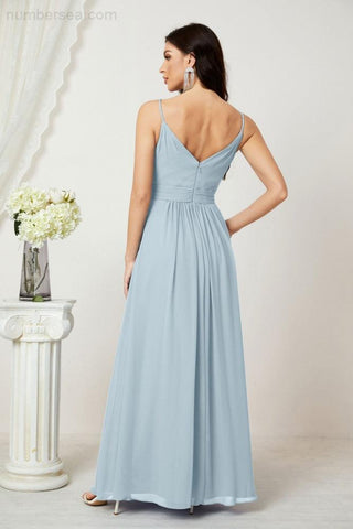 Numbersea Chiffon V-Neck Bridesmaid Dress Spaghetti Strap Long Formal Party Prom Gowns with Slit 28010