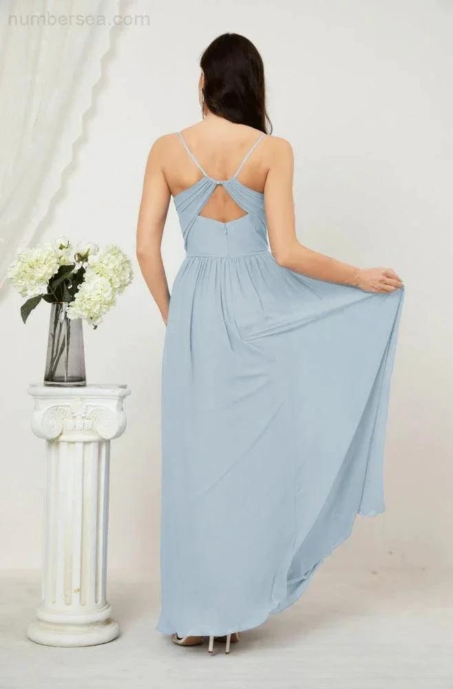 Numbersea Neck Bridesmaid Dresses Chiffon Long Spaghetti A-line Formal Prom Gown for Wedding Party Evening 2801 by numbersea