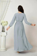 Sunnderly Evening Dresses Deep V-Neck Chiffon Bridesmaid Dresses Long Bishop Sleeve Side Split Formal Dress SY2806 by numbersea
