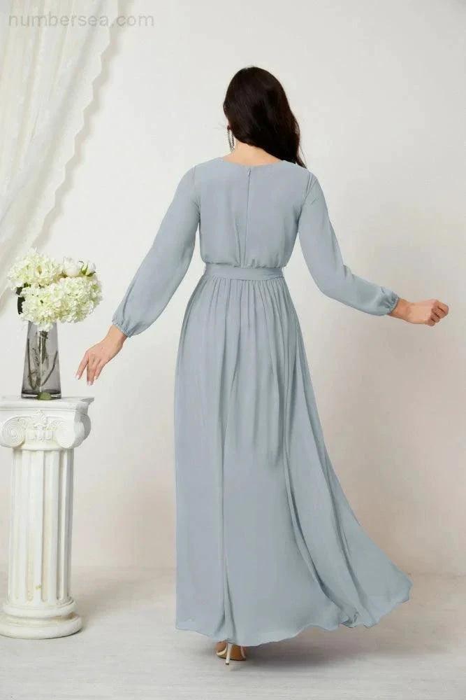 Sunnderly Evening Dresses Deep V-Neck Chiffon Bridesmaid Dresses Long Bishop Sleeve Side Split Formal Dress SY2806 by numbersea