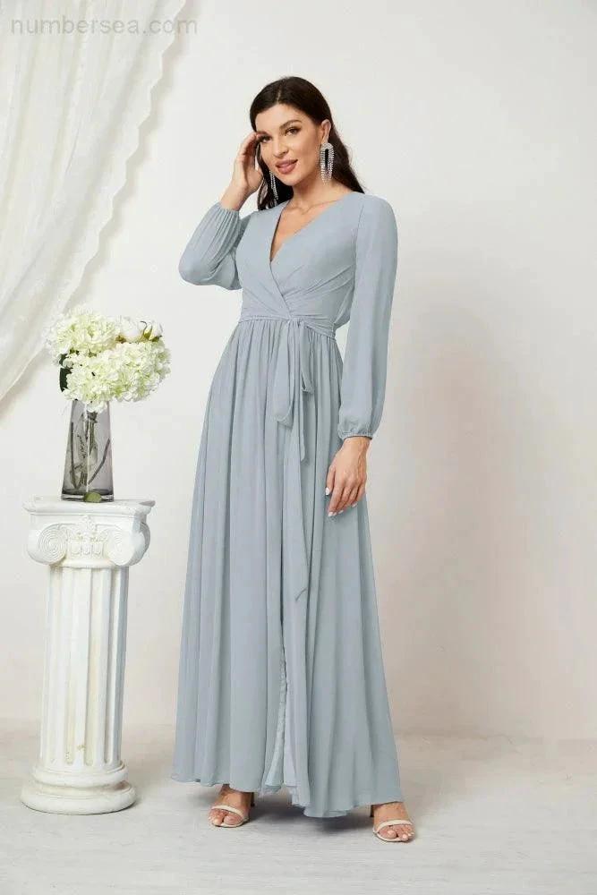 Sunnderly Evening Dresses Deep V-Neck Chiffon Bridesmaid Dresses Long Bishop Sleeve Side Split Formal Dress SY2806 by numbersea