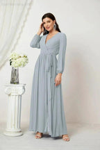 Sunnderly Evening Dresses Deep V-Neck Chiffon Bridesmaid Dresses Long Bishop Sleeve Side Split Formal Dress SY2806 by numbersea
