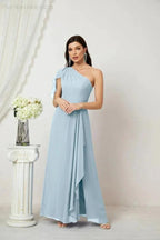 Numbersea Chiffon Ruffled One Shoulder Long Bridesmaid Dresses A-line Formal Evening Gown Side Split 2809 by numbersea