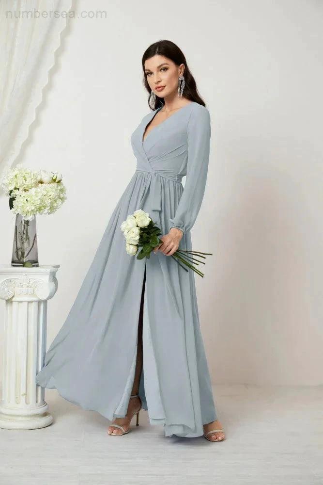 Sunnderly Evening Dresses Deep V-Neck Chiffon Bridesmaid Dresses Long Bishop Sleeve Side Split Formal Dress SY2806 by numbersea