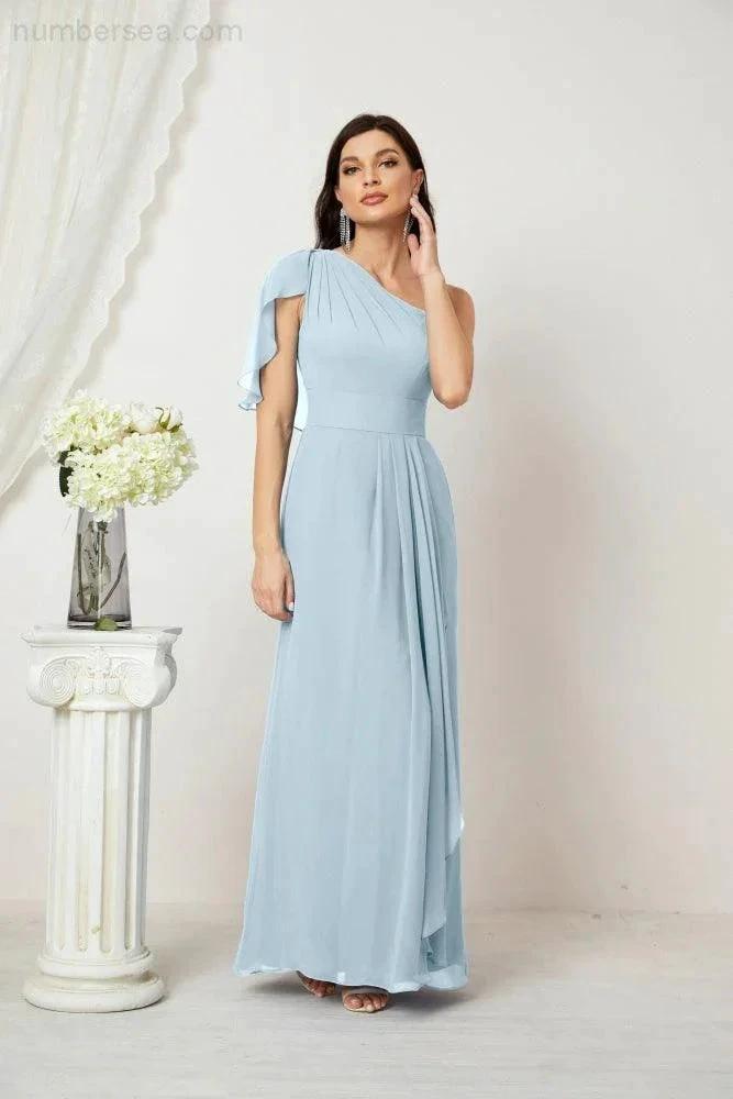 Numbersea Chiffon Ruffled One Shoulder Long Bridesmaid Dresses A-line Formal Evening Gown Side Split 2809 by numbersea
