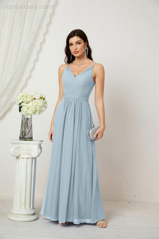 Numbersea Chiffon V-Neck Bridesmaid Dress Spaghetti Strap Long Formal Party Prom Gowns with Slit 28010