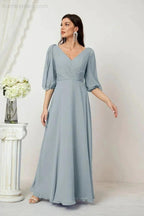 Numbersea Formal Prom Gown Women V-Neck Chiffon Bridesmaid Dresses Long Bishop Sleeve Party Dress 2807 by numbersea